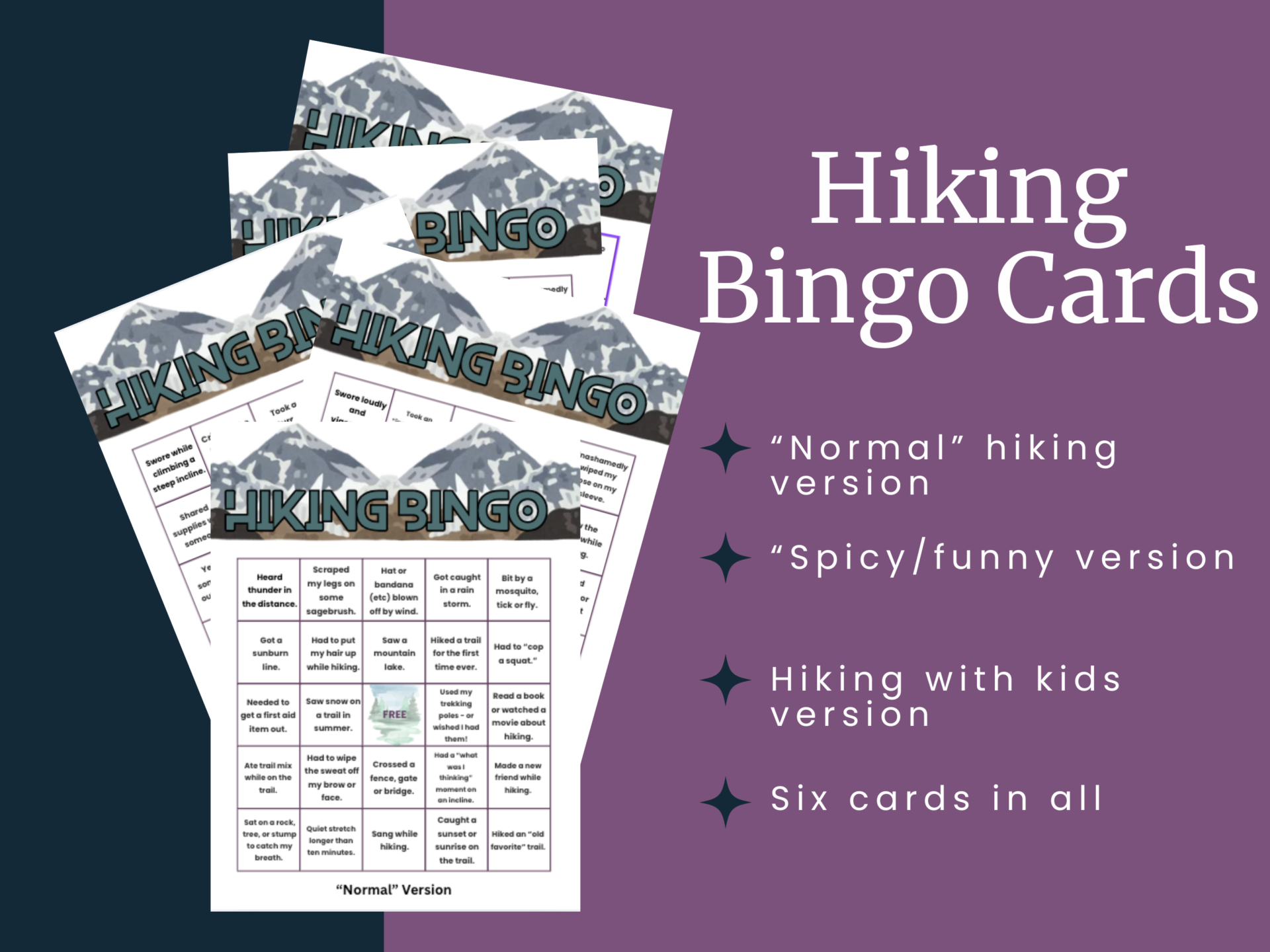 hiking bingo cards, various versions including normal, spicy/funny, and kids, with six cards in all